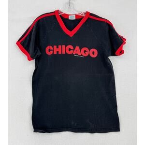 Vintage 1996 Chicago the Musical Acton Womens Black Red Logo Jersey Tee Sz L